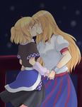  arm_warmers blonde_hair closed_eyes couple cuffs hand_on_another's_hip holding_hands horn hoshiguma_yuugi isaki_(gomi) kiss mizuhashi_parsee multiple_girls oni pointy_ears puffy_short_sleeves puffy_sleeves shackles shirt short_sleeves skirt touhou yuri 