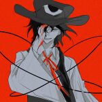  1other absurdres androgynous blood blood_on_hands chinese_commentary collared_shirt commentary_request enraku_tsubakura film_grain hand_over_eye hat highres len&#039;en long_sleeves neck_ribbon open_mouth other_focus red_background red_ribbon ribbon shirt short_hair simple_background sketch smile solo spot_color vest wide_sleeves yiwanbulajinsiji320 