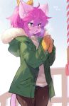  1girl 2019 blue_eyes cat furry open_mouth pink_hair short_hair solo suurin_2 winter_clothes 