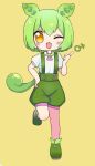  1boy :3 blush chibi genderswap genderswap_(ftm) green_footwear green_hair green_shorts green_suspenders hair_between_eyes highres long_hair looking_at_viewer low_ponytail male_focus negidream open_mouth puffy_short_sleeves puffy_sleeves shirt short_sleeves shorts simple_background smile solo suspender_shorts suspenders voiceroid voicevox white_shirt yellow_background yellow_eyes zundamon 