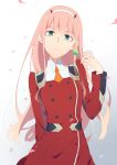  1girl candy closed_mouth commentary_request darling_in_the_franxx dress food gradient_background green_eyes grey_background hairband hand_up highres holding holding_candy holding_food holding_lollipop horns kusumoto_shizuru lollipop long_hair looking_at_viewer petals pink_hair red_dress solo very_long_hair white_background white_hairband zero_two_(darling_in_the_franxx) 