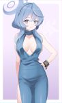  1girl absurdres ako_(blue_archive) ako_(dress)_(blue_archive) bare_arms bare_shoulders blue_archive blue_dress blue_eyes blue_hair blue_halo blush breasts chromatic_aberration collarbone commentary dress eko hair_between_eyes halo hand_on_own_hip highres large_breasts long_hair looking_at_viewer nail_polish official_alternate_costume open_mouth purple_nails side_slit sleeveless sleeveless_dress solo 