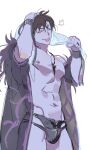  1boy :p @_43517 abs belial_(granblue_fantasy) belial_(summer)_(granblue_fantasy) bishounen bracelet brown_hair bulge closed_eyes drying drying_hair feather_boa furrowed_brow granblue_fantasy hair_between_eyes highres jewelry large_pectorals leather male_focus male_swimwear messy_hair musical_note necklace nipples official_alternate_costume pectorals short_hair sketch solo_focus swim_briefs tongue tongue_out zipper_pull_tab 