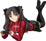  1girl :3 black_legwear black_skirt black_thighhighs fate/stay_night fate_(series) feet green_eyes hair_ornament no_shoes playstation_2 ribbon simple_background skirt solo sweater thighhighs tohsaka_rin twintails 