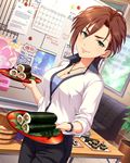  artist_request bracelet breasts brown_hair calendar_(object) cleavage dutch_angle earrings food green_eyes idolmaster idolmaster_cinderella_girls indoors jewelry jpeg_artifacts kiba_manami large_breasts looking_at_viewer makizushi necklace plant potted_plant short_hair smile solo sushi table tray window 