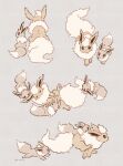  animal_focus bright_pupils brown_eyes closed_eyes eevee flareon fluffy from_behind full_body grey_background highres lying multiple_views no_humans no_mouth on_back pokemon pokemon_(creature) running signature simple_background sleeping standing yurano_(upao) 