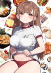  1girl ? absurdres blush breasts brown_eyes brown_hair burger buruma cake candy chips_(food) chocolate chocolate_bar closed_mouth clothes_lift commentary_request food fruit gym_shirt gym_uniform highres kodama_(sakura_yuki) large_breasts lifted_by_self long_hair looking_at_viewer navel noodles original pizza pizza_slice plump ramen red_buruma sakura_yuki_(clochette) shirt shirt_lift short_sleeves sitting solo strawberry thighs white_background white_shirt 