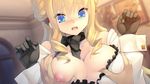  1boy 1girl adelheid_ritter_von_weinberger areolae blonde_hair blue_eyes blush bow bowtie breast_grab breasts embarrassed game_cg gloves grabbing highres large_breasts long_hair nipples open_mouth tokeijikake_no_ley_line:_asagiri_ni_chiru_hana tokeijikake_no_ley_line:_zan&#039;ei_no_yoru_ga_akeru_toki tokeijikake_no_ley_line:_zan'ei_no_yoru_ga_akeru_toki urabi_(tomatohouse) 