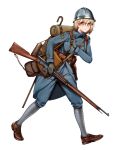  1girl adrian_helmet backpack bag belt_pouch blonde_hair blue_jacket blue_pants brown_footwear france french_army glasses highres holding holding_weapon insignia jacket kitsune_udon_(ai_br) leg_wrap looking_at_viewer military_uniform original pants pouch short_hair simple_background uniform weapon world_war_i 