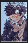  1boy absurdres alternate_costume artist_name belial_(granblue_fantasy) bishounen black_nails blue_background buckle chain commentary earrings glasses granblue_fantasy grin hand_on_own_face highres jacket jewelry leather leather_jacket looking_at_viewer male_focus messy_hair multiple_earrings multiple_rings necklace opaque_glasses open_clothes open_jacket parted_bangs punk red_eyes ring round_eyewear sakuraba_taku signature smile spiked_hair topless_male twitter_username 