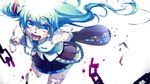  absurdres bandages bandaid blood blue_eyes chain detached_sleeves green_hair hatsune_miku highres hisame long_hair nail_polish necktie open_mouth skirt solo very_long_hair vocaloid white_background 