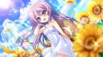 1girl aqua_eyes bare_shoulders blue_sky blurry blurry_foreground breasts brown_headwear cleavage cloud criss-cross_straps day dot_nose dress dutch_angle falling_petals field film_grain flower flower_field fountain game_cg hand_in_own_hair hat hat_ribbon holding holding_clothes holding_hat izumi_tsubasu lens_flare long_hair looking_at_viewer non-circular_lens_flare non-web_source official_art open_mouth outdoors petals purple_hair re:stage! ribbon sky small_breasts smile solo spaghetti_strap sparkle straw_hat sun sundress sunflower sunflower_field tsukisaka_sayu unworn_headwear white_dress white_ribbon 