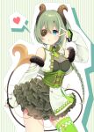  1girl :o absurdres arm_up black_skirt blue_eyes braid breasts cleavage demon_horns detached_sleeves eyepatch fur-trimmed_sleeves fur_trim green_hair hair_between_eyes heart highres honey_strap horns kusumoto_shizuru lace-trimmed_sleeves lace_trim layered_skirt long_hair long_sleeves medium_breasts nanashi_inc. open_clothes open_vest parted_lips pixelated pleated_skirt see-through see-through_cleavage sekishiro_mico single_braid skirt sleeves_past_wrists solo spoken_heart striped_background tail v_over_eye very_long_hair vest virtual_youtuber white_sleeves white_vest 