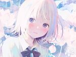  1girl black_bow black_bowtie blue_eyes blush bow bowtie close-up collared_shirt flower looking_to_the_side lotus nakamura_hinata original shirt short_hair solo white_flower white_hair white_shirt 