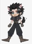  1boy animal_ears armor belt black_hair black_pants black_sweater blue_eyes blush_stickers boots brown_footwear brown_gloves chibi commentary crisis_core_final_fantasy_vii dog_boy dog_ears dog_tail earrings final_fantasy final_fantasy_vii full_body gloves grey_background happy jewelry male_focus mtr_dayoo multiple_belts open_mouth pants parted_bangs pauldrons short_hair shoulder_armor simple_background single_earring sleeveless sleeveless_turtleneck smile solo spiked_hair standing stud_earrings suspenders sweater symbol-only_commentary tail tail_wagging turtleneck 