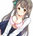  blush bow bra breasts brown_eyes brown_hair cleavage hair_bow kamanatsu large_breasts long_hair looking_at_viewer love_live! love_live!_school_idol_project minami_kotori one_side_up open_clothes open_shirt shirt smile solo underwear 