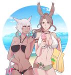  2girls absurdres animal_ears artist_name bag beach bikini breasts brown_hair cat_ears cowboy_shot dark-skinned_female dark_skin english_commentary final_fantasy final_fantasy_xiv food food_on_body food_on_breasts food_on_face front-tie_top green_eyes grey_hair handkerchief highres holding holding_food holding_handkerchief ice_cream ice_cream_cone large_breasts linea_alba long_hair looking_at_another miqo&#039;te multiple_girls navel ocean outdoors parted_lips purple_eyes short_hair shoulder_bag side-by-side stomach swimsuit velverava viera warrior_of_light_(ff14) water y&#039;shtola_rhul 