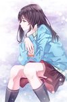  black_legwear brown_eyes brown_hair can elbow_rest from_side holding holding_can long_hair long_sleeves original profile sitting skirt snow socks solo sweater yasuno_(airy_light) 