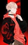  1boy 2024 black_background black_choker candy chinese_new_year chinese_zodiac choker dragon dragon_print eastern_dragon english_commentary food hand_in_pocket highres holostars hood hoodie jacket lollipop looking_at_viewer male_focus nemuree open_clothes open_jacket pink_hair pink_hoodie profile red_background rikka_(holostars) short_hair simple_background solo upper_body virtual_youtuber year_of_the_dragon 