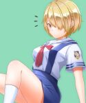  1girl alternate_costume asaba_touka blonde_hair blue_skirt clannad closed_mouth commentary_request company_connection feet_out_of_frame green_background hair_ornament hair_over_one_eye hairclip heaven_burns_red high-waist_skirt highres hikarizaka_private_high_school_uniform kayamori_ruka key_(company) kneehighs looking_at_viewer musical_note notice_lines red_eyes red_ribbon ribbon school_uniform shirt short_hair short_sleeves simple_background sitting skindentation skirt socks solo summer_uniform suspender_skirt suspenders white_shirt white_socks 