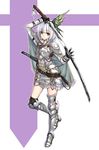  alternate_costume alternate_headwear armor armored_boots armored_dress bad_id bad_twitter_id belt blue_eyes boots butterfly_hair_ornament cape dress full_body hair_ornament hairband jpeg_artifacts katana knight konpaku_youmu long_sleeves looking_at_viewer short_hair silver_hair simple_background smile solo sword takemori_shintarou touhou weapon 