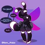 2022 ambiguous_gender antennae_(anatomy) anthro arthropod arthropod_abdomen black_latex clothing dialogue drone english_text handles_on_hips hi_res insect latex latex_clothing latex_skinsuit rem_phase simple_background skinsuit solo speech_bubble standing text tight_clothing
