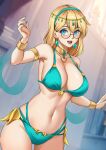  1girl :d armlet blonde_hair blue_eyes bracelet breasts collar collarbone dancer earrings gina_diggers glasses gold_digger hairband haryudanto highres hypnosis jewelry large_breasts mind_control nail_polish navel revealing_clothes ringed_eyes round_eyewear sleeveless smile solo variant_set 
