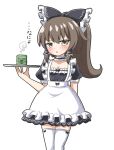  1girl :&lt; alternate_costume alternate_hairstyle apron arm_behind_back black_bow black_dress black_skirt bow breasts brown_eyes brown_hair cleavage commentary cup dress frilled_bow frilled_hair_tubes frills hair_bow hair_tubes hakurei_reimu highres holding holding_tray looking_at_viewer maid maid_apron ponytail short_sleeves simple_background skirt solo steam thighhighs touhou translation_request tray waist_apron white_background white_thighhighs yunomi zenji029 