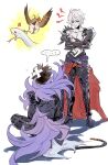  ... 2boys @_43517 anger_vein angry armor bandaid belial_(granblue_fantasy) belt bird bishounen boots brown_hair cape crossed_arms feather_boa from_behind furrowed_brow gloves granblue_fantasy hair_between_eyes high_heel_boots high_heels highres jacket lucilius_(granblue_fantasy) male_focus messy_hair multiple_boys pale_skin pectorals red_cape short_hair shoulder_armor sitting snake sweatdrop topless_male white_background 