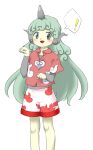 ! 1girl :d aqua_eyes aqua_hair feet_out_of_frame grey_horns grey_shirt grey_undershirt horns komano_aunn legs_apart long_sleeves looking_at_viewer nonamejd official_style open_mouth pink_shirt red_trim shirt short_sleeves shorts simple_background single_horn smile solo speech_bubble spoken_exclamation_mark standing touhou undershirt white_background white_shorts zun_(style) 