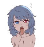  1girl ? blue_eyes blue_hair breasts cachemerro collarbone commentary english_commentary heterochromia looking_at_viewer open_mouth oral_invitation pointing pointing_at_self red_eyes short_hair simple_background solo tatara_kogasa teeth tongue tongue_out touhou upper_teeth_only white_background 