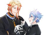  2boys axel_syrios black_gloves black_shirt blonde_hair blue_eyes blue_hair blush braid braiding_hair collared_shirt crossed_arms earrings gloves hair_between_eyes hair_ornament hairdressing hairpin highres holostars holostars_english jewelry latttetude long_sleeves looking_at_another male_focus multicolored_hair multiple_boys octavio open_mouth purple_eyes red_hair shirt short_hair side_braid sketch smile tri_braids two-tone_hair upper_body virtual_youtuber white_background 