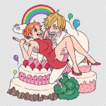  1boy 1girl balloon blonde_hair cake cigarette commentary_request curly_eyebrows dress earrings food hair_bun hair_over_one_eye hatch_(8cco) high_heels holding jacket jewelry looking_at_another nami_(one_piece) one_piece orange_hair pants rainbow red_dress red_footwear sanji_(one_piece) short_hair white_headwear white_jacket white_pants zeus_(one_piece) 