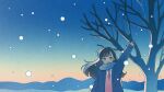 1girl :d black_hair blue_coat blue_eyes blue_scarf blue_sky blush coat collared_shirt commentary_request dawn dot_nose gradient_sky highres long_hair long_sleeves looking_at_viewer nahara_saki necktie open_clothes open_coat open_mouth orange_sky original outdoors outstretched_arm pink_vest plant red_necktie scarf scenery shirt sky smile snowing solo tree vest waving white_shirt wide_shot wind 