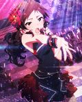  audience bare_shoulders brown_eyes brown_hair flower hair_flower hair_ornament idolmaster idolmaster_million_live! kitazawa_shiho microphone music official_art open_mouth singing solo_focus sparkle wireless wristband 