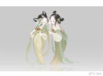  2girls black_hair border chinese_clothes chinese_commentary closed_eyes commentary_request double_bun dress flower flower_knot full_body gradient_background green_flower green_shawl green_skirt grey_background hair_bun hair_flower hair_ornament hair_ribbon hand_fan hand_on_own_cheek hand_on_own_face holding holding_fan letterboxed long_dress long_skirt long_sleeves multiple_girls open_mouth original puffy_long_sleeves puffy_sleeves red_lips reflective_floor ribbon shirt short_hair simple_background skirt sleeves_past_wrists tassel tassel_hair_ornament tuanshan watermark weibo_logo weibo_username whispering white_border white_shirt white_sleeves xi_shui yellow_dress yellow_flower 