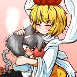  ^_^ animal_ears bad_id bad_pixiv_id basket between_breasts blonde_hair blush breasts capelet closed_eyes commentary dress full-face_blush grey_hair head_between_breasts height_difference hug inunoko. large_breasts mouse_ears mouse_tail multicolored_hair multiple_girls nazrin nervous_smile petting red_eyes shawl smile streaked_hair tail toramaru_shou touhou translated wavy_mouth wide_sleeves 