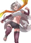  1girl bow bowtie cape commentary crop_top cutoffs detached_sleeves extra_ears fishnet_gloves fishnet_thighhighs fishnets frilled_hairband frilled_lizard_(ex)_(kemono_friends) frilled_thighhighs frills gloves grey_cape grey_footwear grey_hair grey_shorts hair_between_eyes hairband highres kemono_friends lizard_tail midriff navel open_mouth orange_bow orange_bowtie pink_sleeves pink_thighhighs reptile_girl sandals short_hair short_shorts shorts sidelocks smile solo tail tan tanabe_(fueisei) thighhighs yellow_bow yellow_bowtie yellow_eyes 