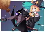  1girl :3 absurdres ahoge aqua_background aqua_cape aqua_eyes asymmetrical_legwear bell black_bow black_cape black_headwear black_jacket black_skirt blonde_hair bob_cut border bow broom broom_riding buttons cape cat closed_mouth collared_shirt footwear_bow full_body gradient_background grey_bow grey_footwear grey_pantyhose grey_skirt hair_between_eyes hand_on_headwear hands_up hat hat_bow highres hmmmanon jacket large_bow looking_at_viewer lucie_(millie_parfait) millie_parfait millie_parfait_(1st_costume) miniskirt multicolored_background multicolored_bow neck_bell nijisanji nijisanji_en outside_border oversized_clothes pantyhose plaid plaid_bow plaid_skirt purple_background shirt simple_background sitting skirt sleeves_past_wrists solo sparkle sparkle_background striped_clothes striped_pantyhose tareme two-sided_fabric two-tone_cape two-tone_skirt white_border white_shirt wing_collar witch witch_hat yellow_bow yellow_shirt 