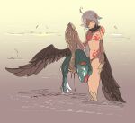  1girl absurdres ahoge belly bird_legs blood breasts brown_feathers brown_wings commentary_request feathered_wings feathers fish fishing forehead_jewel harpy highres hinekure-boy holding_with_feet licking_lips monster_girl navel neck_fur no_nipples nude original partially_submerged pointy_ears short_hair small_breasts solo standing standing_on_one_leg tongue tongue_out white_hair winged_arms wings 