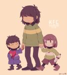  3others antenna_hair artist_name black_footwear black_pantyhose black_shirt boots brown_footwear brown_hair brown_pants brown_shorts chara_(undertale) character_name child closed_eyes closed_mouth collared_shirt deltarune english_commentary frisk_(undertale) full_body green_sweater hand_up heart holding holding_hands holding_knife knife kris_(deltarune) lari-lab long_sleeves looking_at_another multiple_others pants pantyhose puffy_long_sleeves puffy_sleeves purple_shorts purple_sweater red_eyes shirt shoes short_hair shorts simple_background single_stripe smile standing striped_clothes striped_sweater sweater turtleneck turtleneck_sweater undertale walking wide_sleeves yellow_background 