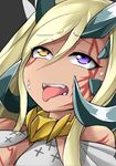  ahegao blonde_hair fun_bo heterochromia horns portrait purple_eyes puzzle_&amp;_dragons rolling_eyes solo sonia_gran sweat tongue tongue_out yellow_eyes 