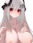  1girl absurdres arknights bare_shoulders black_horns breasts cleavage close-up closed_mouth commentary_request cropped expressionless eyes_visible_through_hair grey_hair hair_between_eyes hand_on_own_chest hand_up highres horns huge_breasts light_blush long_hair looking_at_viewer mudrock_(arknights) nipples paid_reward_available partial_commentary pointy_ears red_eyes sidelocks simple_background solo topless upper_body white_background worimehl 