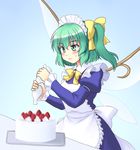  alternate_costume apron blue_dress bow cake daiyousei dress enmaided fairy_wings food green_eyes green_hair hair_bow isaki_(gomi) juliet_sleeves long_sleeves maid maid_apron maid_headdress puffy_sleeves side_ponytail solo touhou wings 