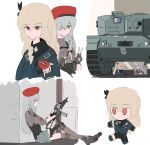  2girls beret blonde_hair blue_jacket braid caterpillar_tracks character_doll closed_mouth cropped_torso expressionless fingerless_gloves full_body fumo_(doll) g36c_(girls&#039;_frontline) girls&#039;_frontline gloves grey_hair gun hair_ornament hair_over_one_eye hat highres holding holding_gun holding_weapon jacket leopard_2 long_hair looking_at_viewer maplenecktele military military_vehicle motor_vehicle multiple_girls multiple_views red_eyes red_headwear sitting skirt sp9_(girls&#039;_frontline) tank uniform weapon 