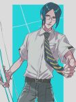  1boy a_nzi_end belt black_belt black_hair bleach blue_background blue_eyes border bow_(weapon) collared_shirt energy_weapon glasses grey_border grey_pants highres holding holding_bow_(weapon) holding_weapon ishida_uryuu looking_at_viewer lower_teeth_only male_focus necktie pants parted_bangs pentagram quincy_(bleach) school_uniform shirt short_sleeves signature solo striped_necktie teeth weapon 