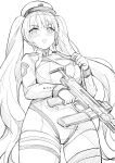  1girl :o blush breasts cowboy_shot goddess_of_victory:_nikke greyscale hat highres holding holding_weapon long_hair medium_breasts military_hat military_uniform monochrome peaked_cap privaty_(nikke) solo twintails uniform very_long_hair weapon yougenko 
