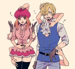  ascot belt black_belt black_thighhighs blonde_hair blue_vest blush bracelet brown_gloves commentary_request cosplay cowboy_shot curly_eyebrows earrings extra_arms frilled_shirt frills gloves hat hatch_(8cco) jewelry koala_(one_piece) koala_(one_piece)_(cosplay) long_hair miniskirt nami_(one_piece) nico_robin one_piece orange_eyes orange_hair petals sabo_(one_piece) sabo_(one_piece)_(cosplay) sanji_(one_piece) shirt simple_background skirt thighhighs vest white_ascot 
