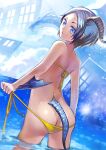  1girl arm_fins ass bikini blue_eyes blue_hair building dragon_girl dragon_horns dragon_tail forehead from_behind grey_hair hen_(1push300m) holding holding_clothes holding_swimsuit horns looking_at_viewer looking_back original partially_submerged short_hair solo swimsuit tail water yellow_bikini 