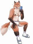 anthro black_nose blue_cellphone briefs brown_body brown_fur canid canine cellphone clogs clothed clothing drdalefox electronics footwear fox fur hi_res male mammal navel nipples open_mouth orange_body orange_fur pantsless phone signature simple_background smile socks solo tan_body tan_fur teeth_showing tighty_whities tongue_showing topless underwear white_background white_briefs white_clothing white_footwear white_socks white_underwear